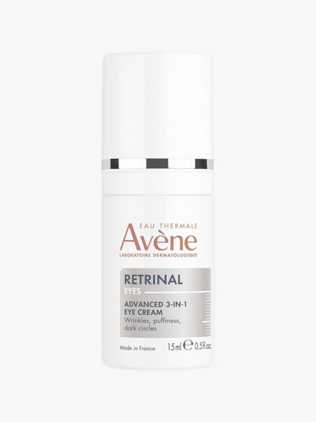 A bottle of Avene Retrinal Eyes Advanced 3-In-1 Eye Cream on a light gray background