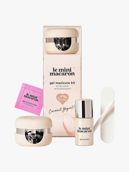 Le Mini Macaron Gel Nail Polish Kit in branded components on a light gray background