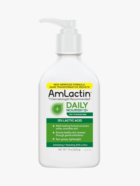 AmLactin Daily Nourish Body Lotion with 12% Lactic Acid on a grey background