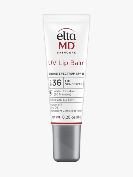 EltaMD UV Lip Balm Broad-Spectrum SPF 36 white tube with silver cap on light gray background
