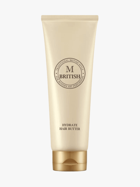 British M Hydrate Hair Butter in branded tube component on a light gray background