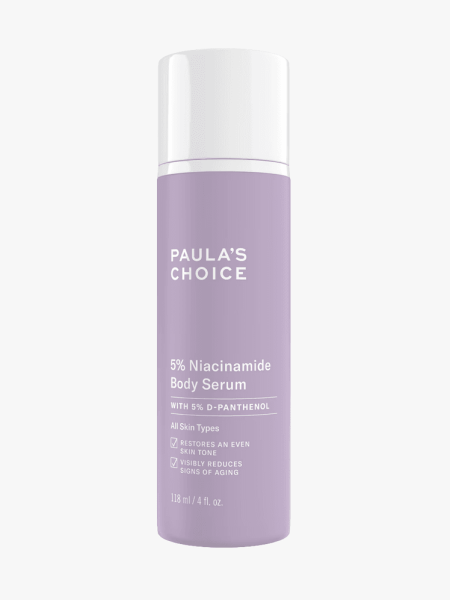 Paula's Choice 5% Niacinamide Body Serum in light purple bottle with white cap on light gray background