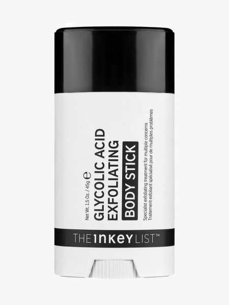 The Inkey List Glycolic Acid Exfoliating Body Stick in white with black cap on gray background
