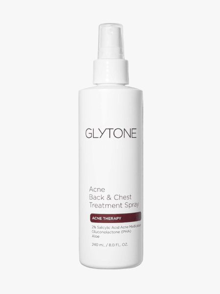 Glytone Acne Treatment Spray Back & Chest in branded white bottle with spray pump on light gray background